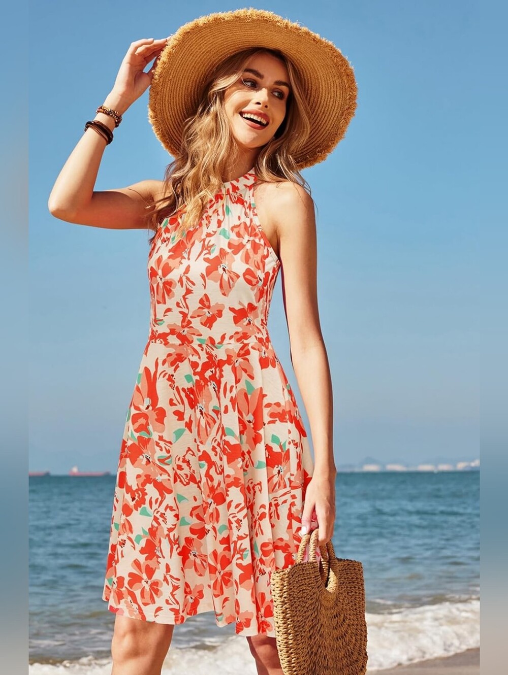 Coral OUGES Women's Halter Neck Summer Dress Size XL  A-Line Beach NWT